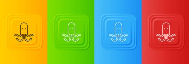 Beyaz Ahtapot simgesi renkli arkaplanda izole edilmiş. Kare düğmelere simgeleri yerleştir. Vektör.