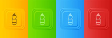 Renkli arkaplanda beyaz fitness sallama simgesi izole edildi. Su ve protein kokteylleri için kapaklı spor karıştırıcı şişesi. Kare düğmelere simgeleri yerleştir. Vektör.