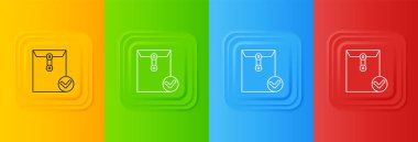 Renkli arkaplanda beyaz zarf ve işaretleme simgesi izole edildi. Başarılı bir e-posta teslimatı, e-posta teslimatı. Kare düğmelere simgeleri yerleştir. Vektör.