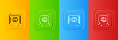 Beyaz Kasa simgesi renkli arkaplanda izole edildi. Kapı, şifreli bir banka kasası. Güvenilir Veri Koruma. Kare düğmelere simgeleri yerleştir. Vektör.