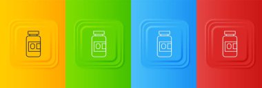 Beyaz ilaç şişesi ve renkli arka planda izole edilmiş hap ikonu. Şişe hapı işareti. Eczane tasarımı. Kare düğmelere simgeleri yerleştir. Vektör.