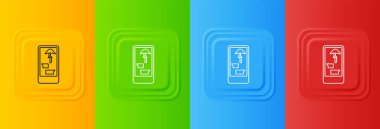 Beyaz, renkli arka planda izole edilmiş cep telefonu simgesinde internetten uyuşturucu satın alıyor. İnternetten satın alma sembolü. Kare düğmelere simgeleri yerleştir. Vektör.