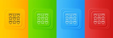 Renkli arka planda izole edilmiş bayrak ikonlu beyaz karnaval çelengi. Doğum günü kutlaması için parti flamaları, festival dekorasyonu. Kare düğmelere simgeleri yerleştir. Vektör.