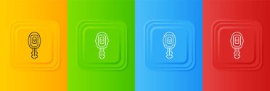 Renkli arka planda izole edilmiş uzaktan kumandalı beyaz araba anahtarı. Araba anahtarı ve alarm sistemi. Kare düğmelere simgeleri yerleştir. Vektör.