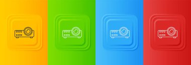 Beyaz sunum, film, film, medya projektör ikonu renkli arkaplanda izole edildi. Kare düğmelere simgeleri yerleştir. Vektör.