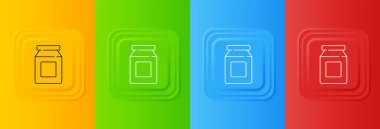 Beyaz Çevrimiçi sipariş ve fast food dağıtım ikonu renkli arka planda izole edildi. Kare düğmelere simgeleri yerleştir. Vektör.