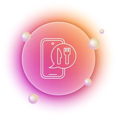 White Online sipariş ve fast food dağıtım ikonu beyaz arka planda izole edildi. Burger tabelası. Turuncu ve pembe eğimli çember arka planı. Vektör.