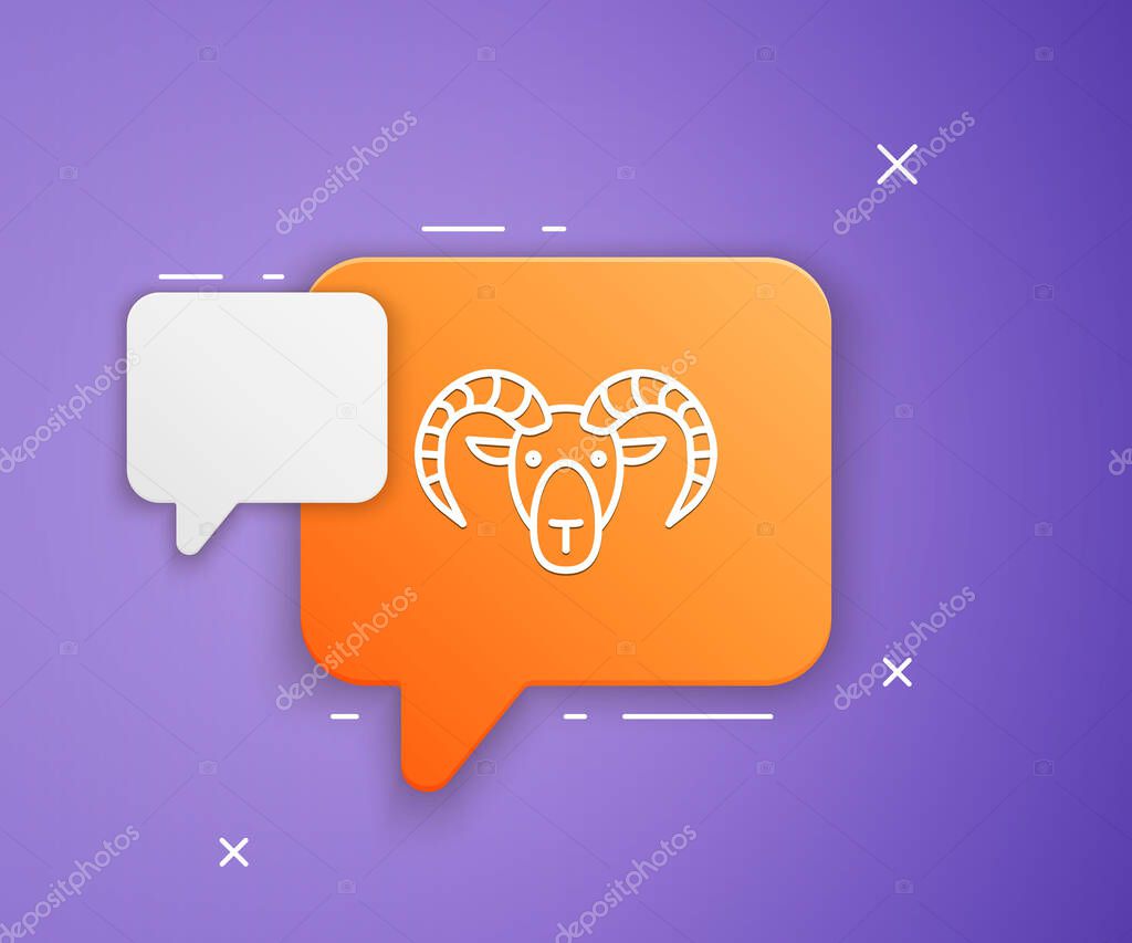White Head of goat or ram icon isolated on purple background. Mountain sheep. Animal symbol. Orange speech bubble symbol. Vector.