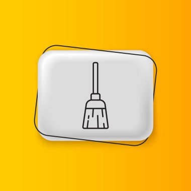 Siyah Cadıların süpürge ikonu sarı arka planda izole edilmiş. Mutlu Cadılar Bayramı Partisi. Gümüş dikdörtgen düğme. Vektör.