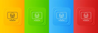 Beyaz Kafatası simgesi renkli arkaplanda izole edilmiş. Mutlu Cadılar Bayramı Partisi. Kare düğmelere simgeleri yerleştir. Vektör.