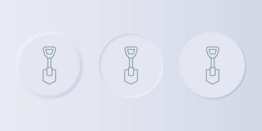 Gri arkaplanda gri kürek simgesi izole edildi. Bahçe aletleri. Bahçecilik, tarım, çiftçilik aleti. Kare düğmelere simgeleri yerleştir. Vektör.