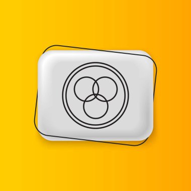 Siyah RGB ve CMYK renk karıştırma simgesi sarı arkaplanda izole edildi. Gümüş dikdörtgen düğme. Vektör.