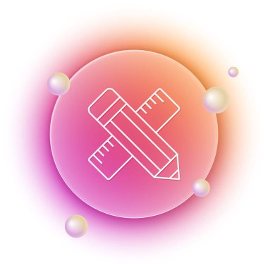 Beyaz Çapraz cetvel ve kalem simgesi beyaz arkaplanda izole edilmiş. Düz sembol. Çizim ve eğitim araçları. Turuncu ve pembe eğimli çember arka planı. Vektör.