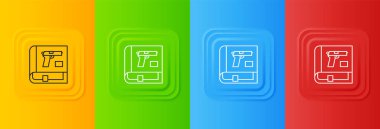 Tabanca ya da silah ikonuna sahip beyaz kitap renkli arkaplanda izole edilmiş. Polis ya da askeri silah. Küçük ateşli silah. Silah kataloğu. Kare düğmelere simgeleri yerleştir. Vektör.