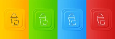 Renkli arka planda izole edilmiş kokteyl cam ikonlu beyaz kokteyl karıştırıcısı. Kare düğmelere simgeleri yerleştir. Vektör.