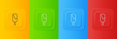 Renkli arka planda izole edilmiş beyaz dondurma ikonu. Güzel sembol. Kare düğmelere simgeleri yerleştir. Vektör.