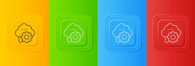 Beyaz Bulut teknoloji veri transferi ve renkli arkaplanda izole edilmiş depolama simgesi. Ayarlama, servis, ayar, bakım, onarım, onarım. Kare düğmelere simgeleri yerleştir. Vektör.