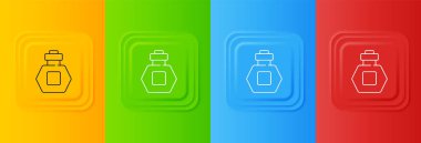 Renkli arka planda beyaz parfüm ikonu izole edildi. Kare düğmelere simgeleri yerleştir. Vektör.