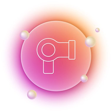 Beyaz saç kurutma makinesi simgesi beyaz arkaplanda izole edildi. Saç kurutma makinesi tabelası. Saç kurutma sembolü. Sıcak hava üflüyor. Turuncu ve pembe eğimli çember arka planı. Vektör.