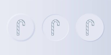 Gri arkaplanda çizgili simgesi olan gri Noel şekeri bastonu. Mutlu Noeller ve mutlu yıllar. Kare düğmelere simgeleri yerleştir. Vektör.