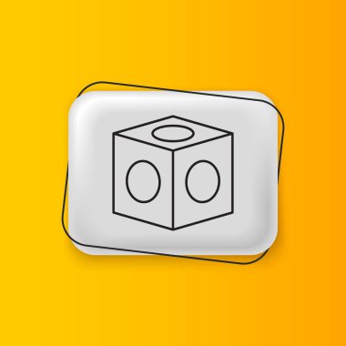 Sarı arkaplanda siyah bilardo ikonu izole edildi. Bilardo ıstakası için tebeşir bloğu. Gümüş dikdörtgen düğme. Vektör.