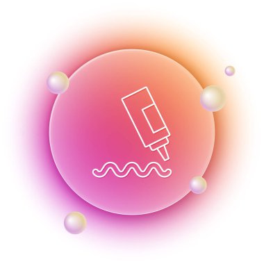 Beyaz arka planda izole edilmiş beyaz sos şişesi ikonu. Ketçap, hardal ve fast food için soslu mayonez şişeleri. Turuncu ve pembe eğimli çember arka planı. Vektör.