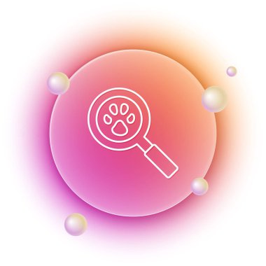 Beyaz Pençe arama simgesi beyaz arkaplanda izole edildi. Hayvan ayak izleri olan büyüteç. Turuncu ve pembe eğimli çember arka planı. Vektör.