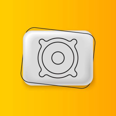 Siyah Stereo hoparlör ikonu sarı arkaplanda izole edildi. Ses sistemi hoparlörleri. Müzik ikonu. Müzikal sütun hoparlörü. Gümüş dikdörtgen düğme. Vektör.
