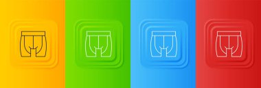 Renkli arkaplanda beyaz bisiklet şortu simgesi izole edildi. Kare düğmelere simgeleri yerleştir. Vektör.