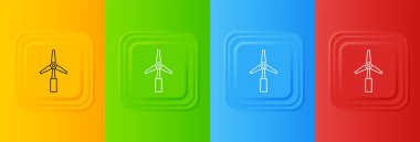 Beyaz Rüzgar türbini simgesi renkli arkaplanda izole edildi. Rüzgar jeneratörü işareti. Elektrik üretimi için yel değirmeni. Kare düğmelere simgeleri yerleştir. Vektör.