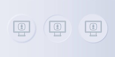 Gri arkaplanda bilgi simgesi olan gri monitör. Kare düğmelere simgeleri yerleştir. Vektör.