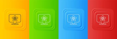 Renkli arkaplanda çiçek simgesi olan beyaz konum. Kare düğmelere simgeleri yerleştir. Vektör.