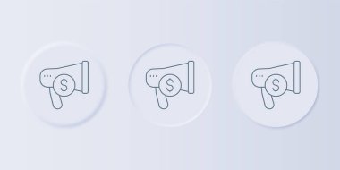 Gri arka planda gri megafon ve dolar simgesi izole edildi. Yüksek sesli konuşma uyarısı konsepti. Ağızlık için megafon, terfi diye bağırıyor. Kare düğmelere simgeleri yerleştir. Vektör.