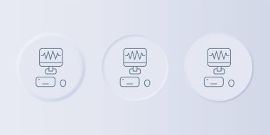 Gri arka planda profesyonel ekipman ikonu olan Grey Music ses kayıt stüdyosu kontrol odası. Kare düğmelere simgeleri yerleştir. Vektör.