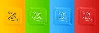 Beyaz gönüllülerin ağaç dikme ikonu renkli arka planda izole edildi. Bitkileri ve ağaçları koruyan ekolojik koruma. Kare düğmelere simgeleri yerleştir. Vektör.