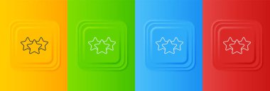 Beyaz 5 yıldızlı ürün değerlendirme simgesi renkli arkaplanda izole edildi. Favori, en iyi derecelendirme, ödül sembolü. Kare düğmelere simgeleri yerleştir. Vektör.