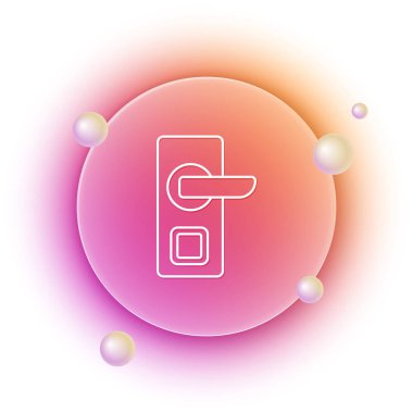 Beyaz arka planda izole edilmiş ikonu açmak için kablosuz teknolojiye sahip beyaz dijital kapı kilidi. Kapı kolu tabelası. Güvenlik akıllı ev. Turuncu ve pembe eğimli çember arka planı. Vektör.