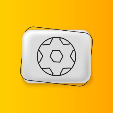 Sarı arka planda izole edilmiş siyah futbol topu ikonu. Spor malzemeleri. Gümüş dikdörtgen düğme. Vektör.