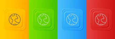 Beyaz Dünya 'nın renkli arka planında izole edilmiş ikonu. Dünya ya da Dünya işareti. Küresel internet sembolü. Geometrik şekiller. Kare düğmelere simgeleri yerleştir. Vektör.