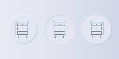 Gri arşiv kağıtlarının çekmece simgesi gri arkaplanda izole edilmiş. İçinde belgeler olan çekmece. Dosya dolabı çekmecesi. Ofis mobilyası. Kare düğmelere simgeleri yerleştir. Vektör.