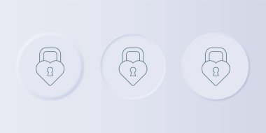 Gri arka planda izole edilmiş kalp simgesi şeklinde gri bir kale. Kilitli Kalp. Aşk sembolü ve anahtar deliği işareti. Kare düğmelere simgeleri yerleştir. Vektör.