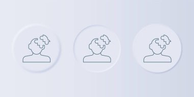 Gri arka planda izole edilmiş psikolojik ikon probleminin gri çözümü. Bulmaca. Akıl sağlığı terapisi. Kare düğmelere simgeleri yerleştir. Vektör.