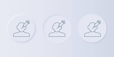 Gri arka planda uyuşturucu ikonuna gri bağımlılık var. Eroin, uyuşturucu, bağımlılık, yasadışı. Elinde şırınga ve ilaç olan hasta bir keş. Kare düğmelere simgeleri yerleştir. Vektör.