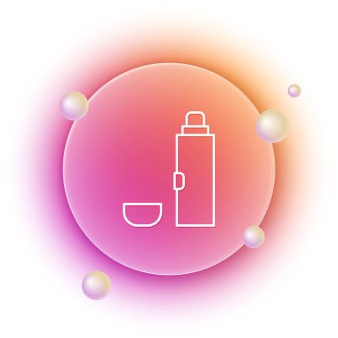 Beyaz arkaplanda beyaz termos konteynır simgesi izole edildi. Termo matara ikonu. Kamp ve yürüyüş ekipmanları. Turuncu ve pembe eğimli çember arka planı. Vektör.