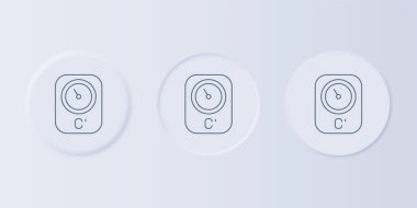 Gri arka planda gri Sauna termometre simgesi izole edildi. Sauna ve banyo malzemeleri. Kare düğmelere simgeleri yerleştir. Vektör.