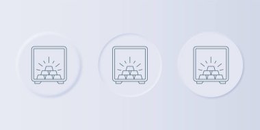 Gri arka planda izole edilmiş altın külçeli gri kasa. Bankada değerli metaller var. Metalik hazine. Güvenilir veri koruması. Kare düğmelere simgeleri yerleştir. Vektör.