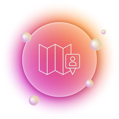 Beyaz zemin üzerinde konum belirleyici simgesi olan beyaz katlı harita. Turuncu ve pembe eğimli çember arka planı. Vektör.