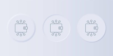 Gri kripto para birimi cüzdan simgesi gri arkaplanda izole edilmiş. Cüzdan ve bitcoin işareti. Maden konsepti. Para, ödeme, nakit, ödeme ikonu. Kare düğmelere simgeleri yerleştir. Vektör.