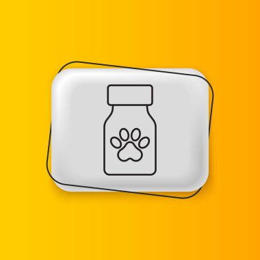 Siyah ilaç şişesi ve sarı arka planda izole edilmiş hap ikonu. İçinde haplar olan konteynır. Hayvan için reçeteli ilaç. Gümüş dikdörtgen düğme. Vektör.