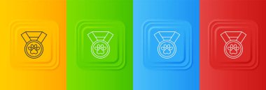 Beyaz Hayvan ödüllü sembol renkli arkaplanda izole edilmiş. Köpek ya da kedi pençesi izi ve kurdeleli rozet. Hayvan için madalya. Kare düğmelere simgeleri yerleştir. Vektör.